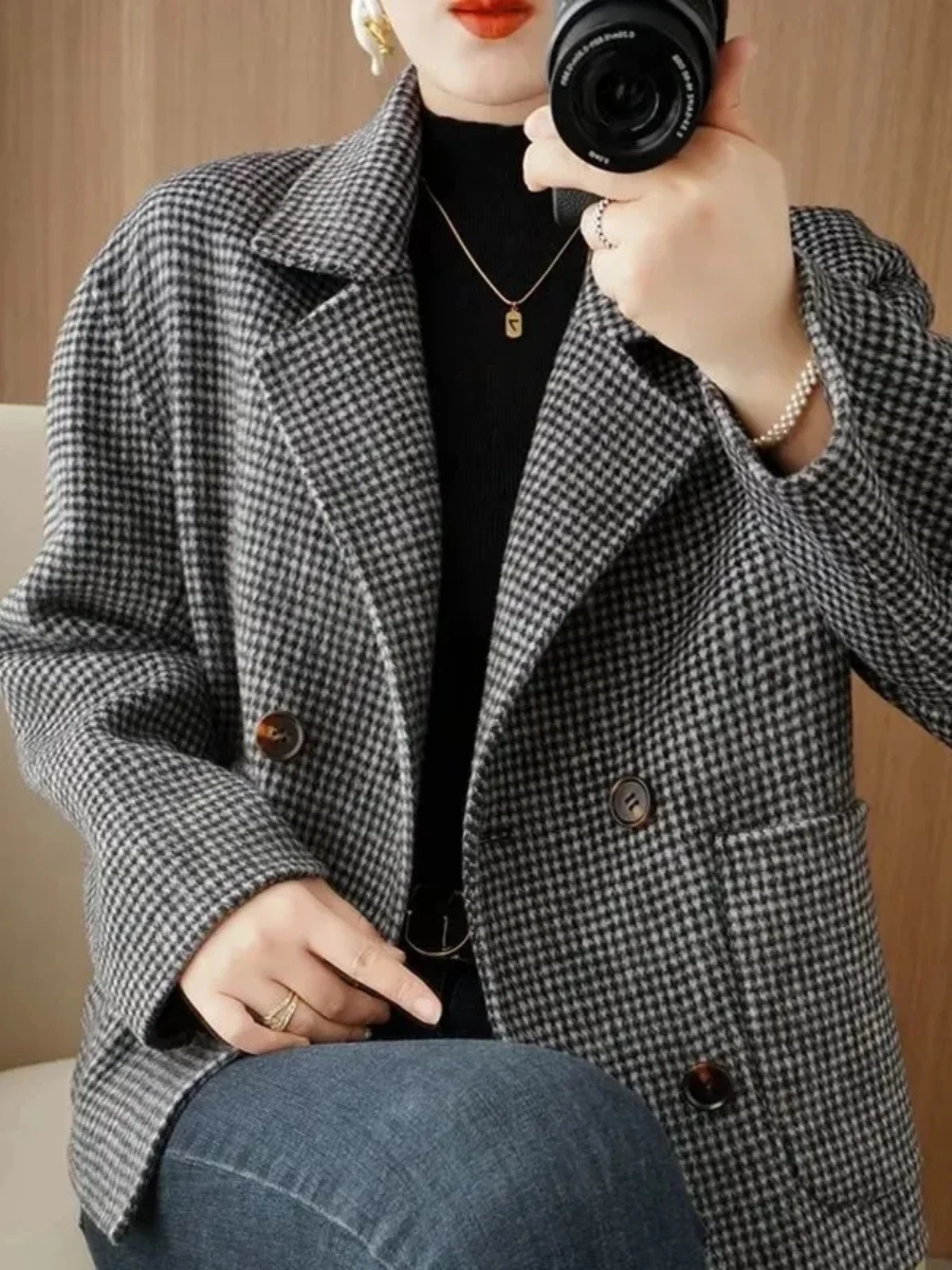 Abrigos de mezcla de lana para mujer, abrigo de lana negro para mujer, otoño, chenilla, cuello con muescas, estampado abstracto, botón hacia abajo, oblicuo, plegable