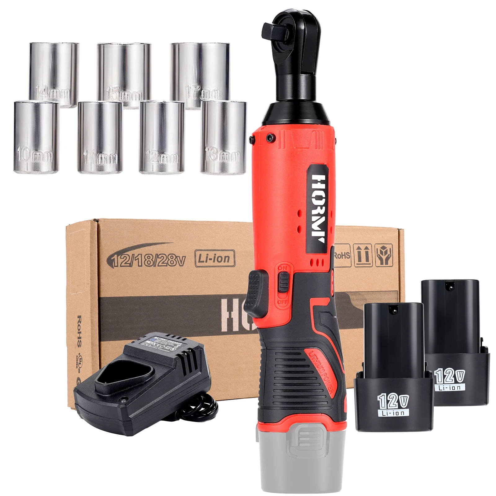 

12V EU 3/8Inch Cordless Electric Impact Wrench 30Nm Right Angle Ratchet Wrench Rechargeable Screwdriver 7 Sockets Set