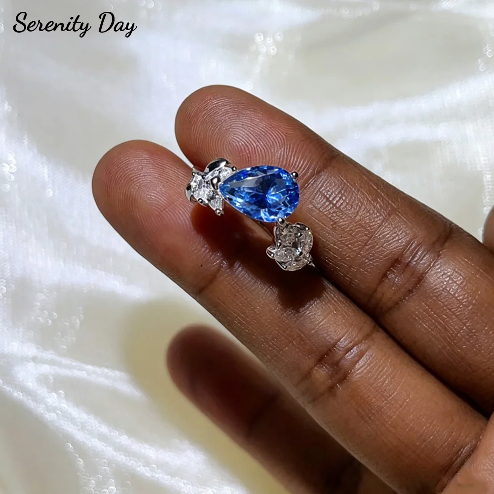 Serenity 3ct Pear Cut Blue Moissanite Rings for Women Gift Sparkling Lab Diamond Wedding Ring S925 Sterling Silver Bands Jewelry