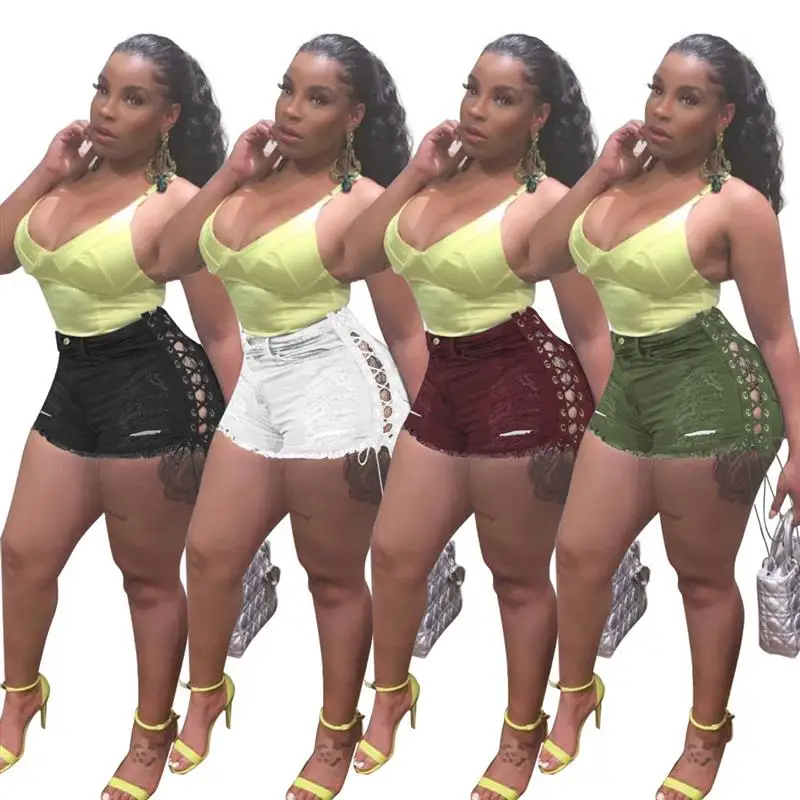 

High Waist Denim Shorts Women's Side Tear Bandage Hot Pants Cross-Border eBay Ripped Hole Jeans Shorts Summer Straight Leg