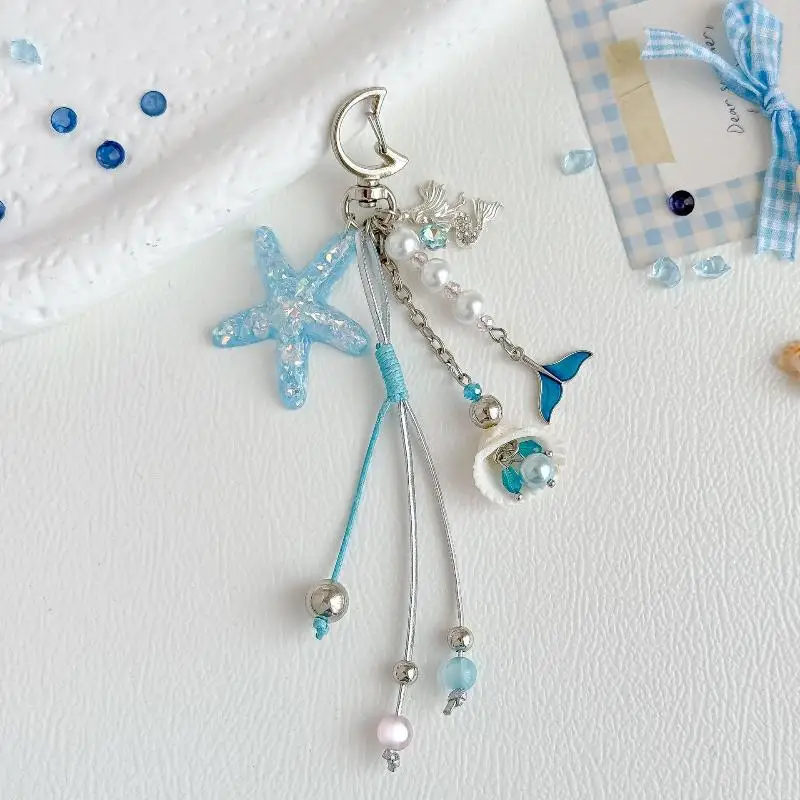 Ocean Themed Keychain with Star Clip Shell Charms Ribbon Tassels Creative Cute for Girls Handbag Accessory Present