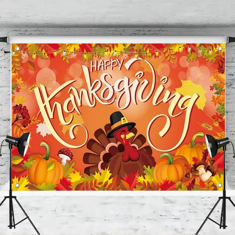 Thanksgiving Backdrop Banner Decorations Turkey Maple Leaf Pumpkin Background for Photography Party Supplies Studio Props