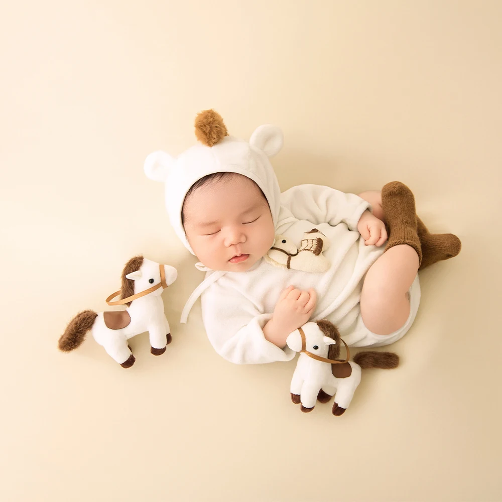 Adereços para sessão de fotos de bebês, tema de pônei, cavalo macio, conjunto de macacão com capuz, bonecas de pônei de pelúcia, adereços de decoração para estúdio de fotógrafos profissionais