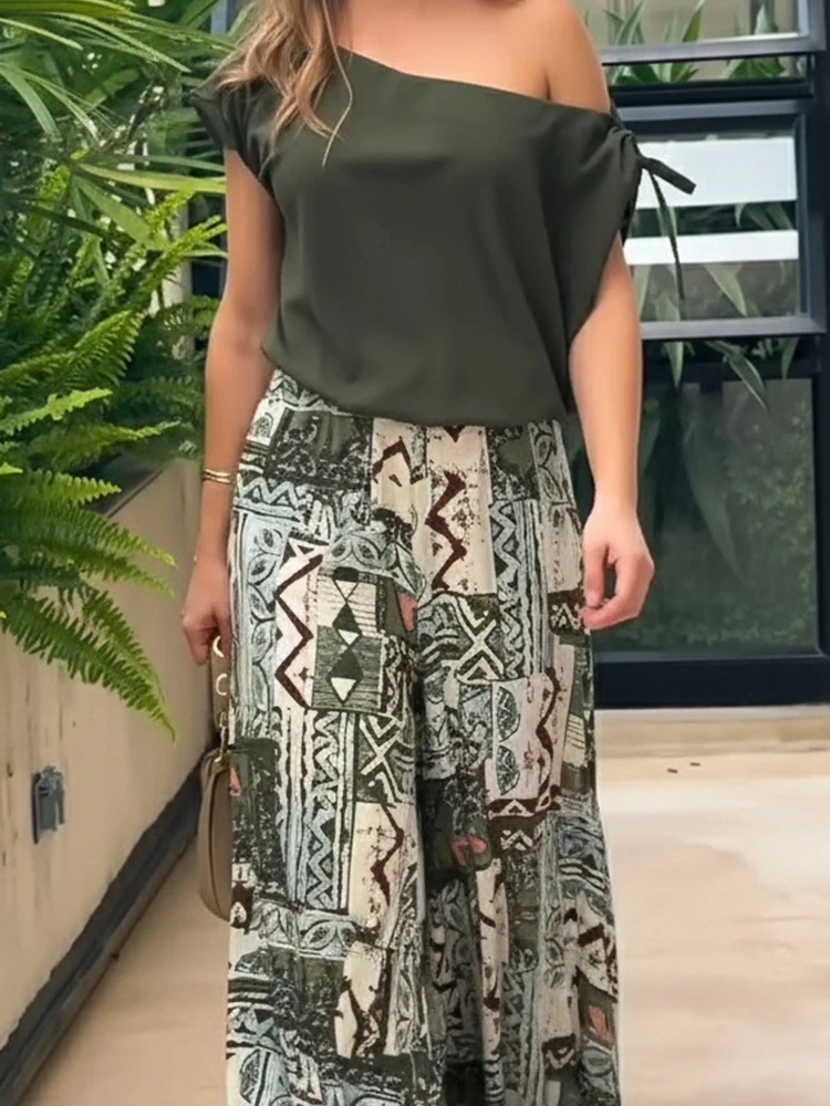 Zomer Dame Nieuwe Losse Geplooide Vakantie Outfits Sexy Slash Kraag Tops & Gedrukt Broek Sets Casual Dames Pendelen Tweedelige sets