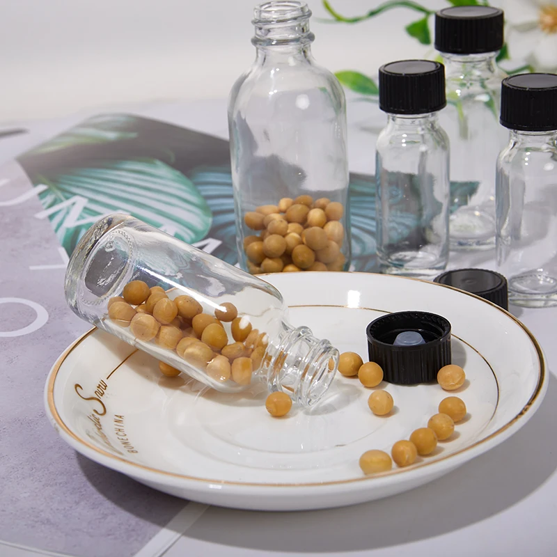 6pcs Small Clear Glass Bottles With Lids Round Sample For Juice, Oils, Ginger Shots, Whiskey, Liquids