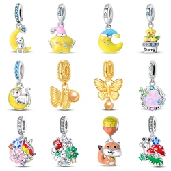 100% 925 Sterling Silver Cute Yellow Luminous Stars Moon Cat Claw Charms Pendants Fit Pandach 925 Original Bracelets DIY Jewelry