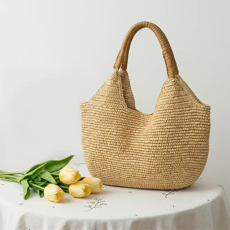 

Handwoven Straw Tote Bag Large Capacity Casual Shoulder Bag Boho Style Beach Bag With Magnetic Closure Summer Vacation Handbag