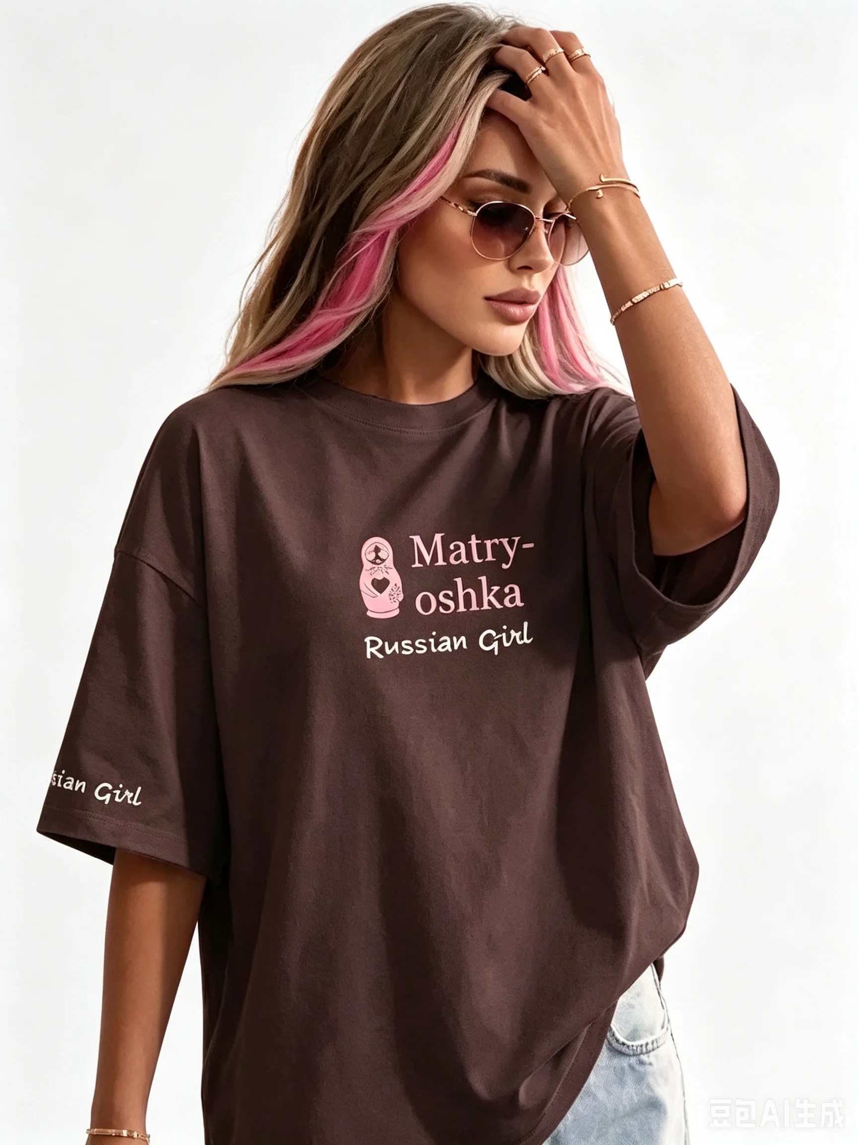 Sweet Cute Oversized Tee Matryoshka Nesting Doll Print Soft Cotton Women Dark Brown Loose Vintage Casual T Shirt Russian Fashion