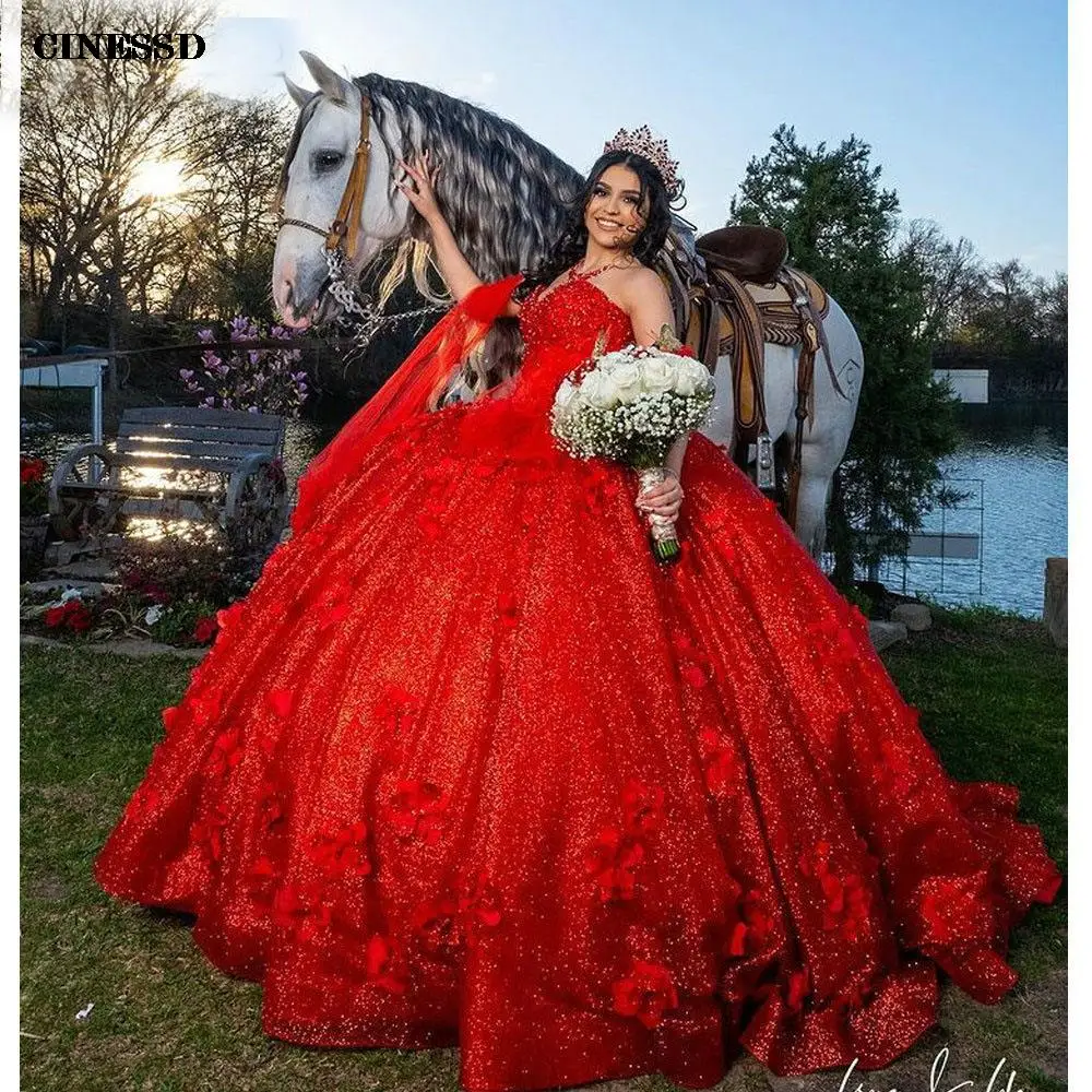 

Red Sweetheart Sleeveless Quinceanera Dresses Ball Gown Glitter Crystal Ribbons 3D Flowers Corset Sweet 15 Vestidos De XV Años