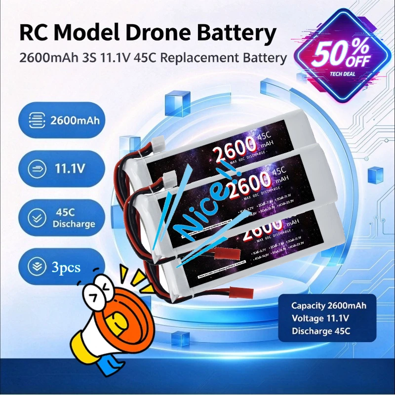 3Pcs 2600mAh 3S 11.1V 45C LiPo Battery RC Model Drone Remote Control Car Boat High Rate Replacement Battery