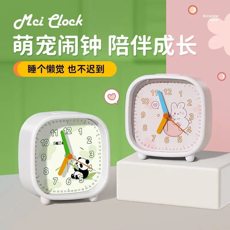 Cute White Square Desk Alarm Clock Luminous Soft Night Light Progressive Loud Alarm Silent Non-Ticking For Kids Students Bedroom