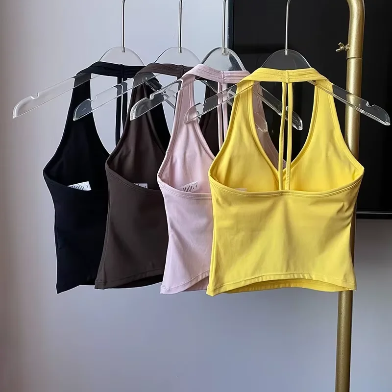Women's Sexy V-Neck Fitness Bra Nude Sports Bra Hanging Neck Yoga Suit Vest Comfortable Breathable Gym Top for Active Wear