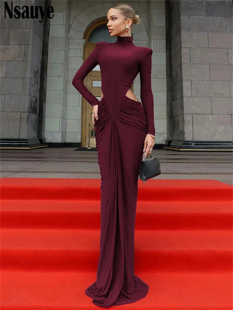 فستان Nsauye للسيدات أنيق بأكمام طويلة مفرغ فستان ماكسي ضيق بلوفر بياقة مدورة مثير للحفلات المسائية والنوادي الليلية