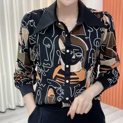 Female Clothing Fashion Abstract Line Printed Blouse Commute Single-breasted Casual Korean Loose Spring Autumn Long Sleeve Shirt