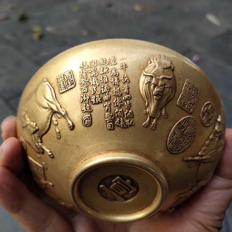 Antique Bronzeware Collection Brass Relief Five Ox Picture Bronze Bowl Home Tea Ceremony Craft Ornament