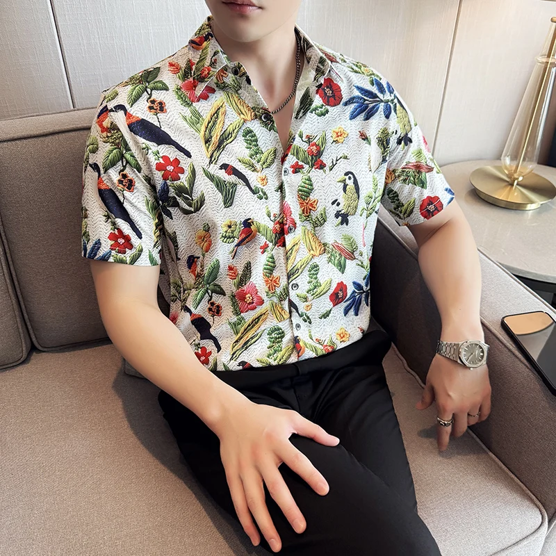 

Flowers And Birds Print Men's Summer Shirts Hot Sale Fashion Short Sleeve Mens Casual Shirt Slim Fit Turn Down Collar Blouses