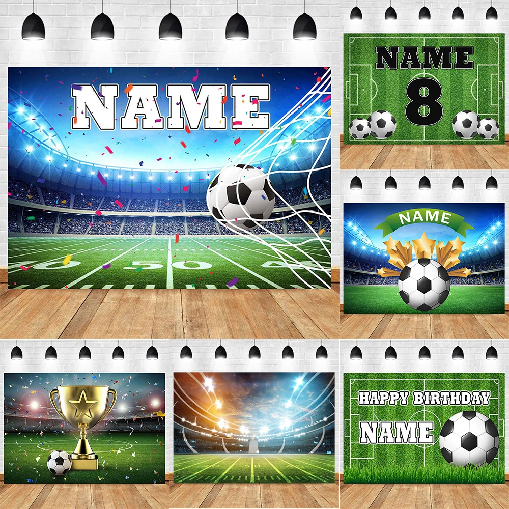 Football Backdrop Customize Name Boy Birthday Soccer Field Sports Poster Baby Shower Banner Golden Trophy Photo Booth Background