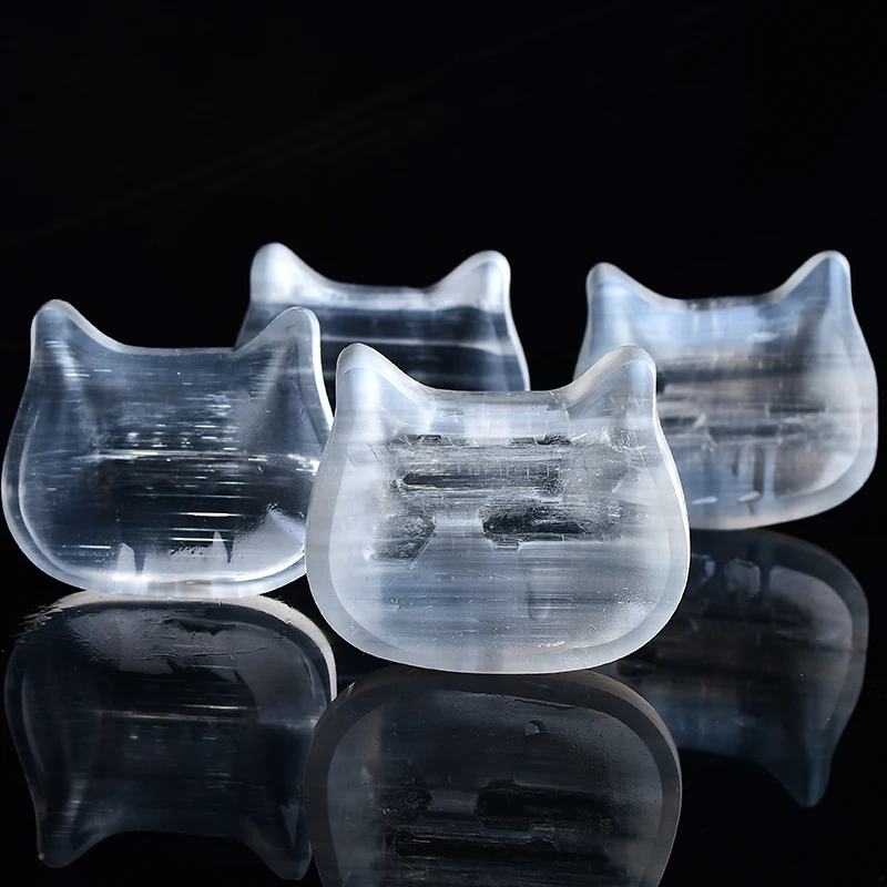 1PC Natural Selenite Kitty Bowl Chakra Quartz Healing Crystal Plate Carving Crescent Stone White Gypsum Ornament Collection Gift