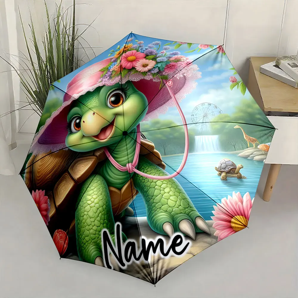 Custom Name  Adorable Turtle Umbrella with Flowers and Nature Scene 8 Iron Ribs Folding Umbrella Auto-Open Fashion Sunshade