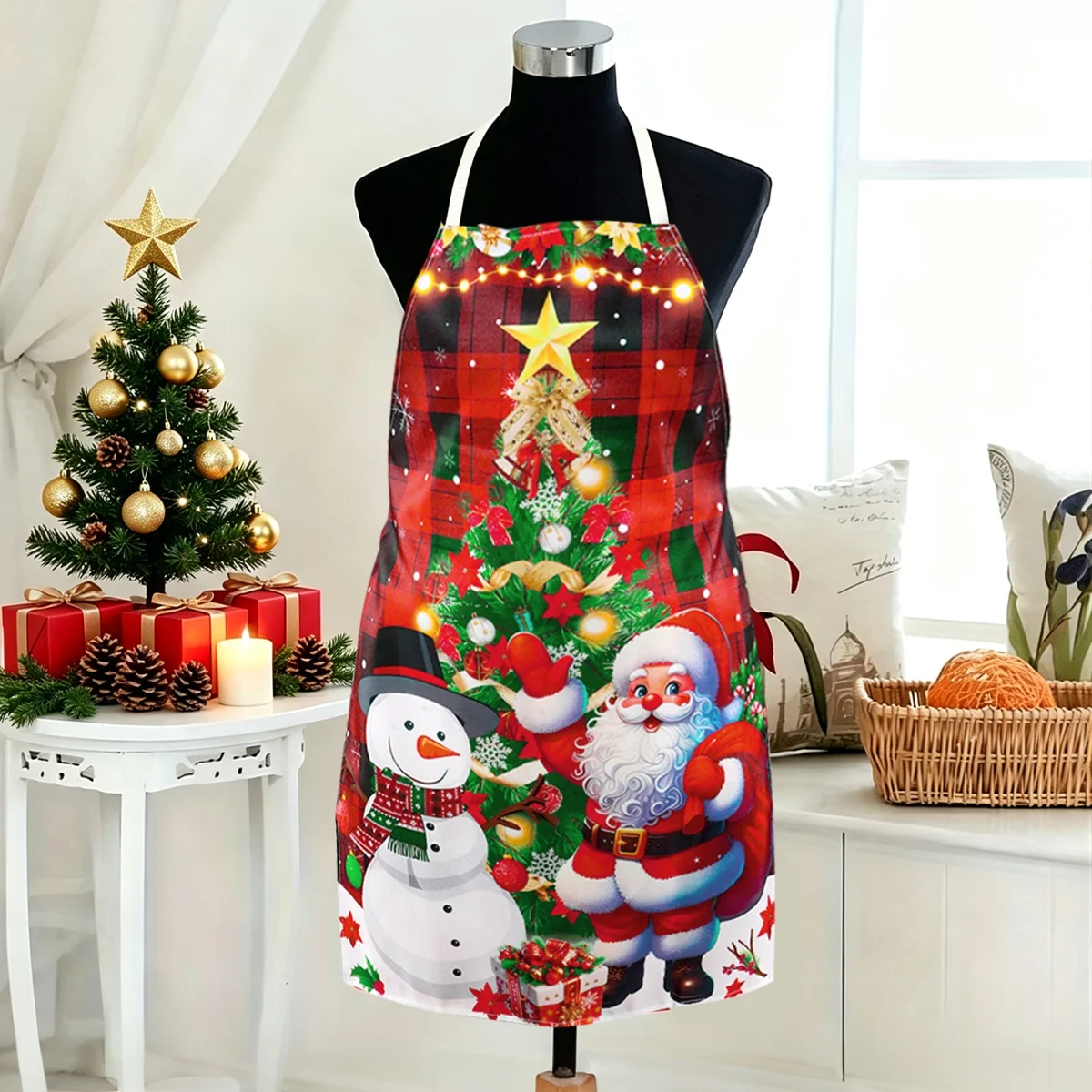 Festliche Weihnachtsschürze aus Polyester, dekorative Küchenschürze mit Buffalo-Karo-Weihnachtsmann-Schneemann-Druck für die Weihnachtsdekoration zu Hause.