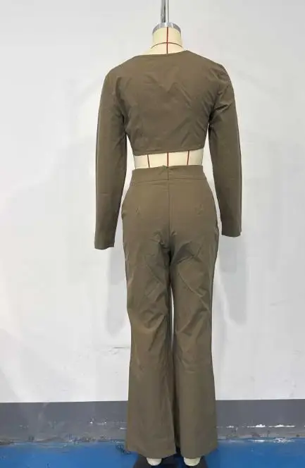 Tweedelige set damesoutfit 2025, lente herfst nieuwe effen kleur V-hals crop top met lange mouwen en hoge taille broek met rechte pijpen