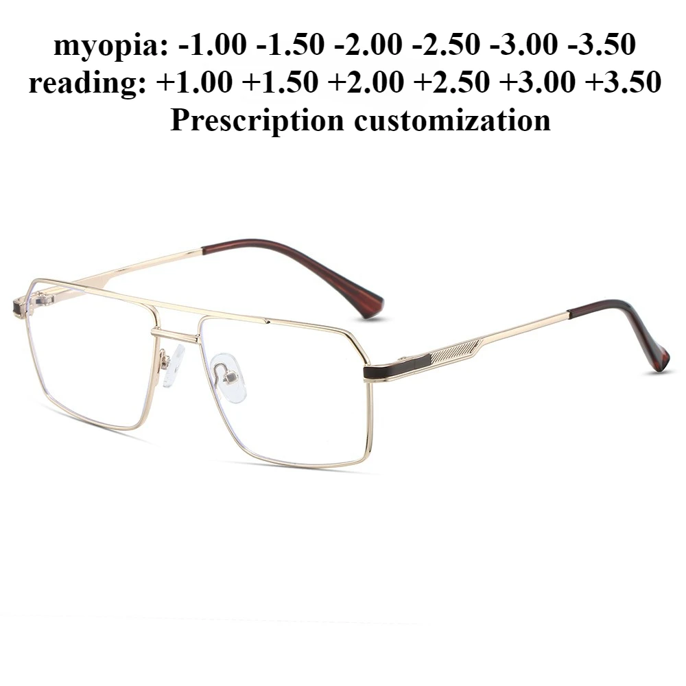 

53-18 New large-frame retro double-beam flat mirror men's metal myopia anti-blue light reading glasses + 1.00 + 1.50