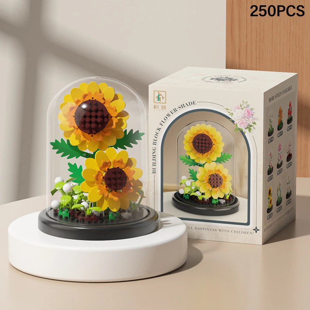 DIY MOC Ewige Blumen Staubschutzhaube Tulpe Rose Sonnenblume Sukkulente Garten Mikro-Baustein-Set Heimdekoration Geschenk für Sie – Detail 6