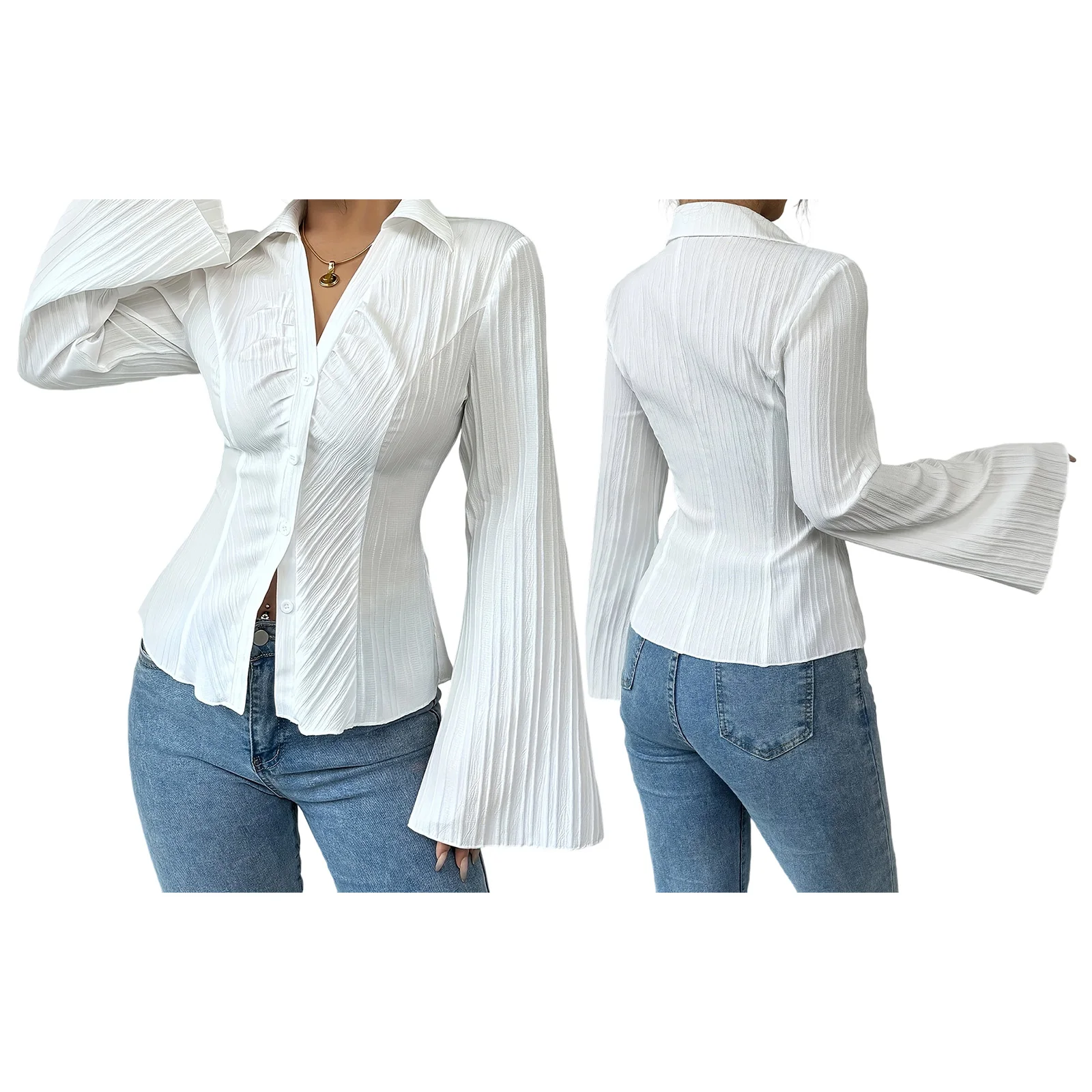 Vintage Damen-Plisseehemden, modische einfarbige Glocke, lange Ärmel, Revers, V-Ausschnitt, Knopfleiste, Bluse