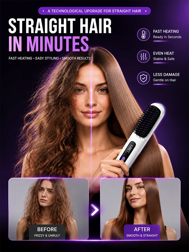 Cordless Hair Straightening Brush Electric Rechargeable Straightener Comb 4 Temperature Levels Digital Display Portable Hair Sty