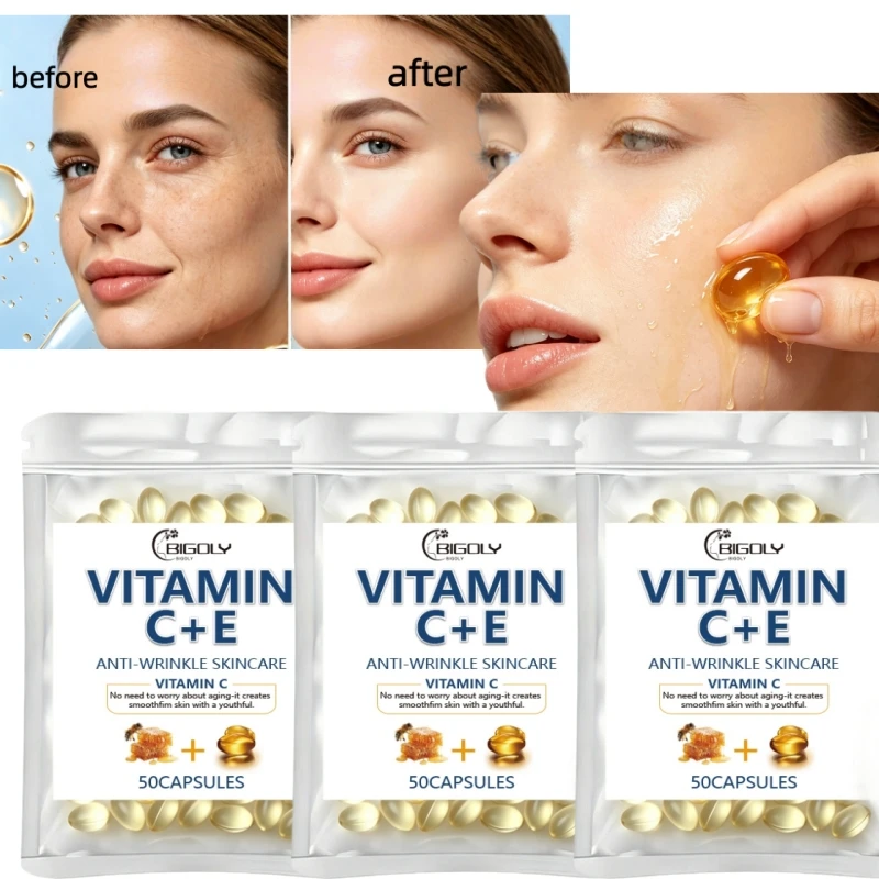 50 Capsules/Pack, 3 Packs of Vitamin C + Vitamin E Facial Firming Essence, Squeeze the Capsule to Release the Essence, Say Goodbye to Dryness and Dullness, 1 Improve Dull Skin and Even Out Overall Skin Tone