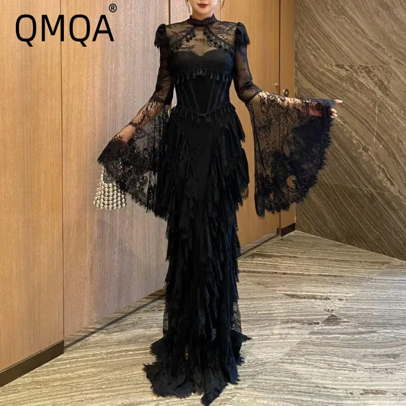 QMQA Fashion Women's Elegant Lace Embroidered Tassel Backless Dresses Bell-sleeve Slimming Solid Evening Dress 2027 New QM1406