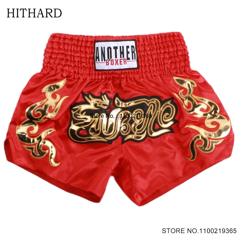 Muay Thai Shorts Gold Leather Embroidery Boxing Shorts Women Men Child Gym Cage Fighting Grappling Kickboxing Training Pants Red