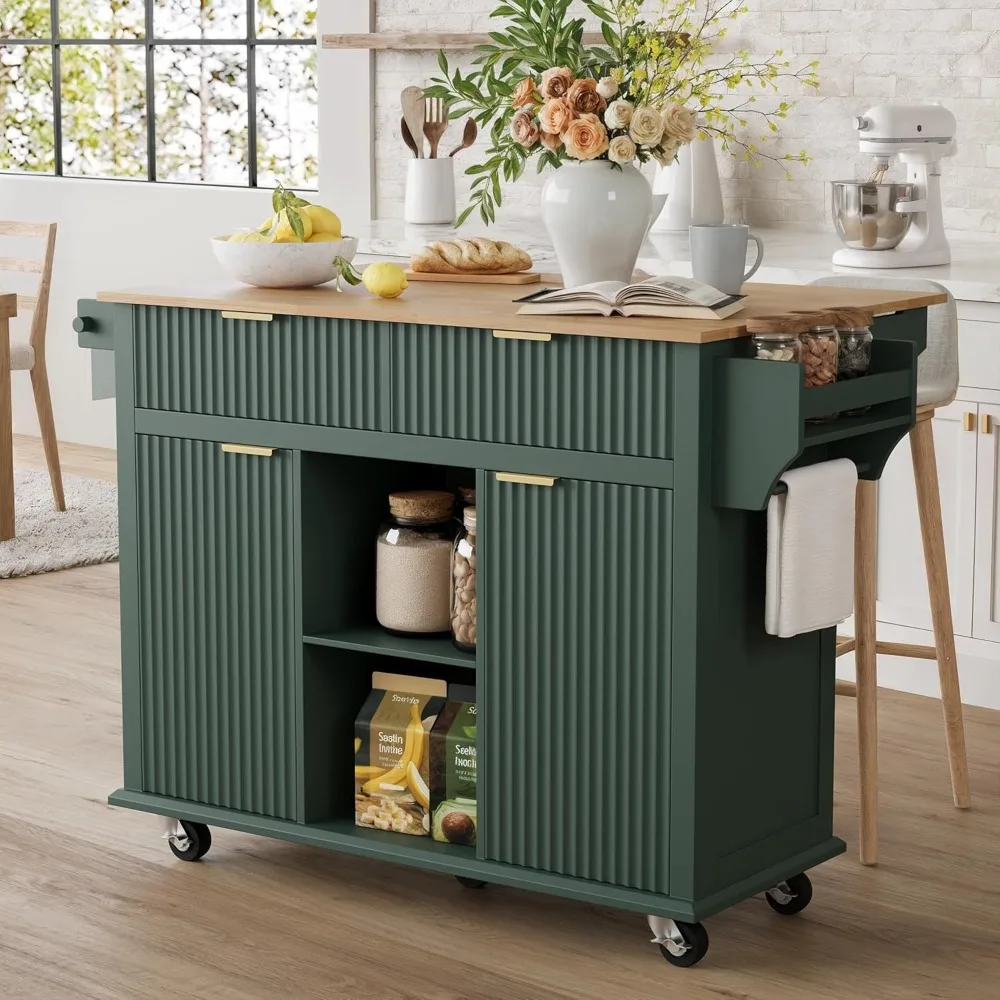 Portable Rolling Kitchen Island with Drop Leaf Breakfast Bar and Storage for Modern Farmhouse Style