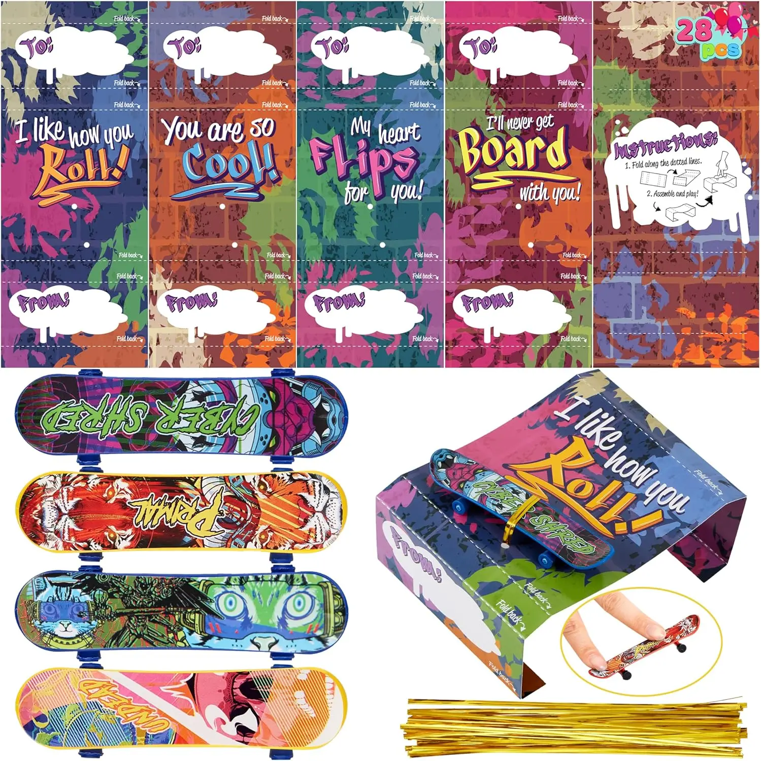 

28 Pcs Finger Skateboards & Valentine Cards for Kids Party Favors