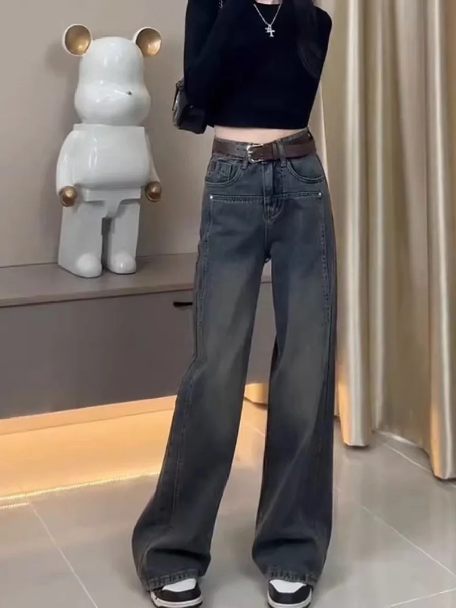 

American Retro Wide Leg Jeans Women plus Size High Waist Loose Hiding Hip Slim Straight Cement ey Pants Winter Long Trousers