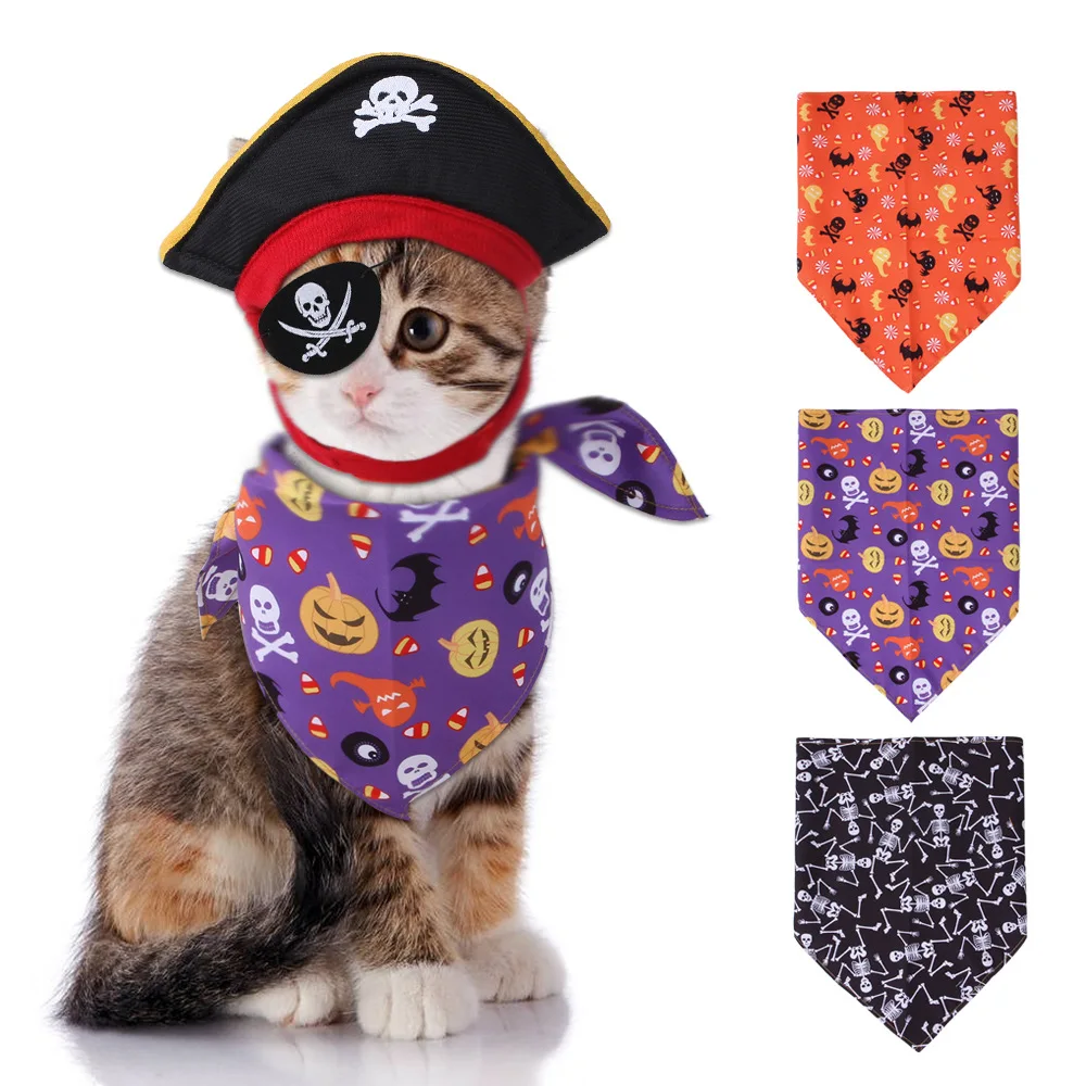 

2025 New Trendy Hot Sale Halloween Pirate Hat Fashion Triangle Scarf Set Wild Holiday Skull Cat Pumpkin Saliva Towel Set