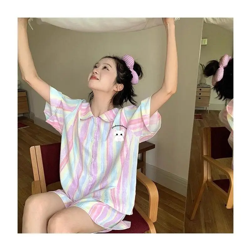 

Женский пижамный комплект: модная домашняя одежда, пижама с коротким рукавом, хлопковая, с милым кошачьим принтом, летняя, новая, в полоску, для дома и улицы