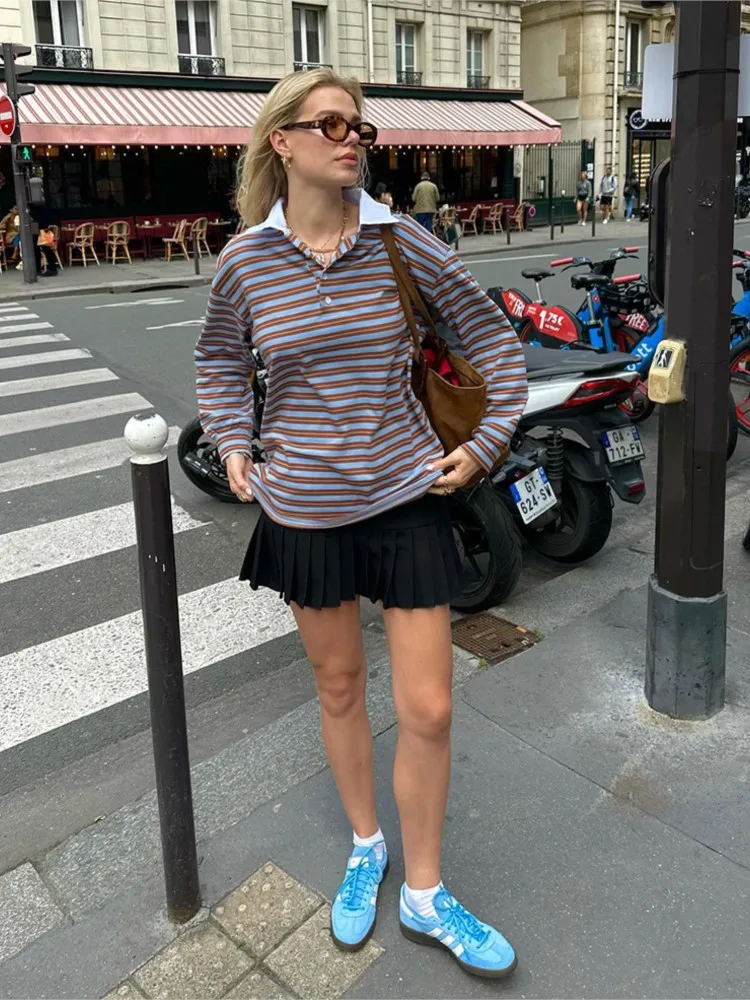 

Женская одежда, топы с длинными рукавами, модные контрастные повседневные свободные топы в полоску, простой стиль, универсальные, темпераментные, удобные