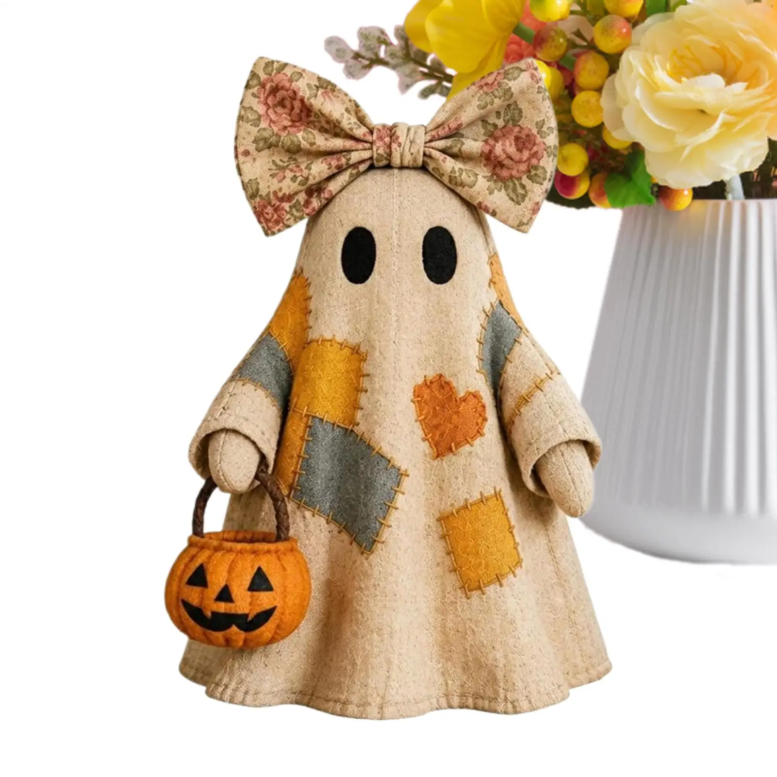 Halloween Fabric Ghost Light Spooky LED Light Up Figurine With Bow LED Ghost Desktop Ornament Tabletop Halloween Decoration