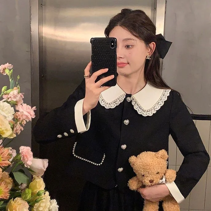 Colletto per bambola retrò con perle dolci Set in due pezzi Bla Dr Faion da donna Autunno Ensemble Fibra di poliestere Lungo Sve Button up