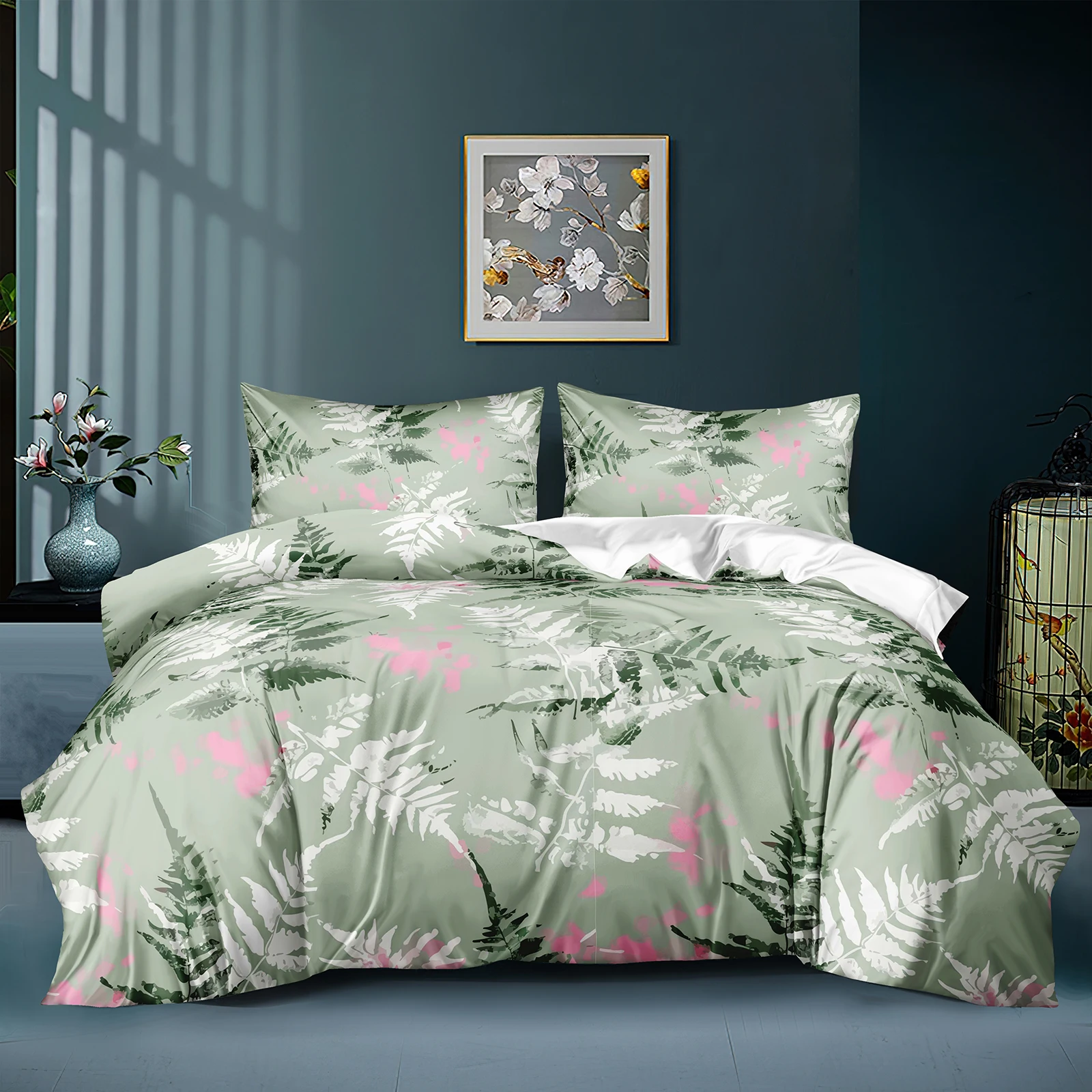 Green Branch Duvet Cover Set Floral Leaves Bedding Set Shabby Bedding Set 3 Pieces Microfibre Quilt Include Pillowcase