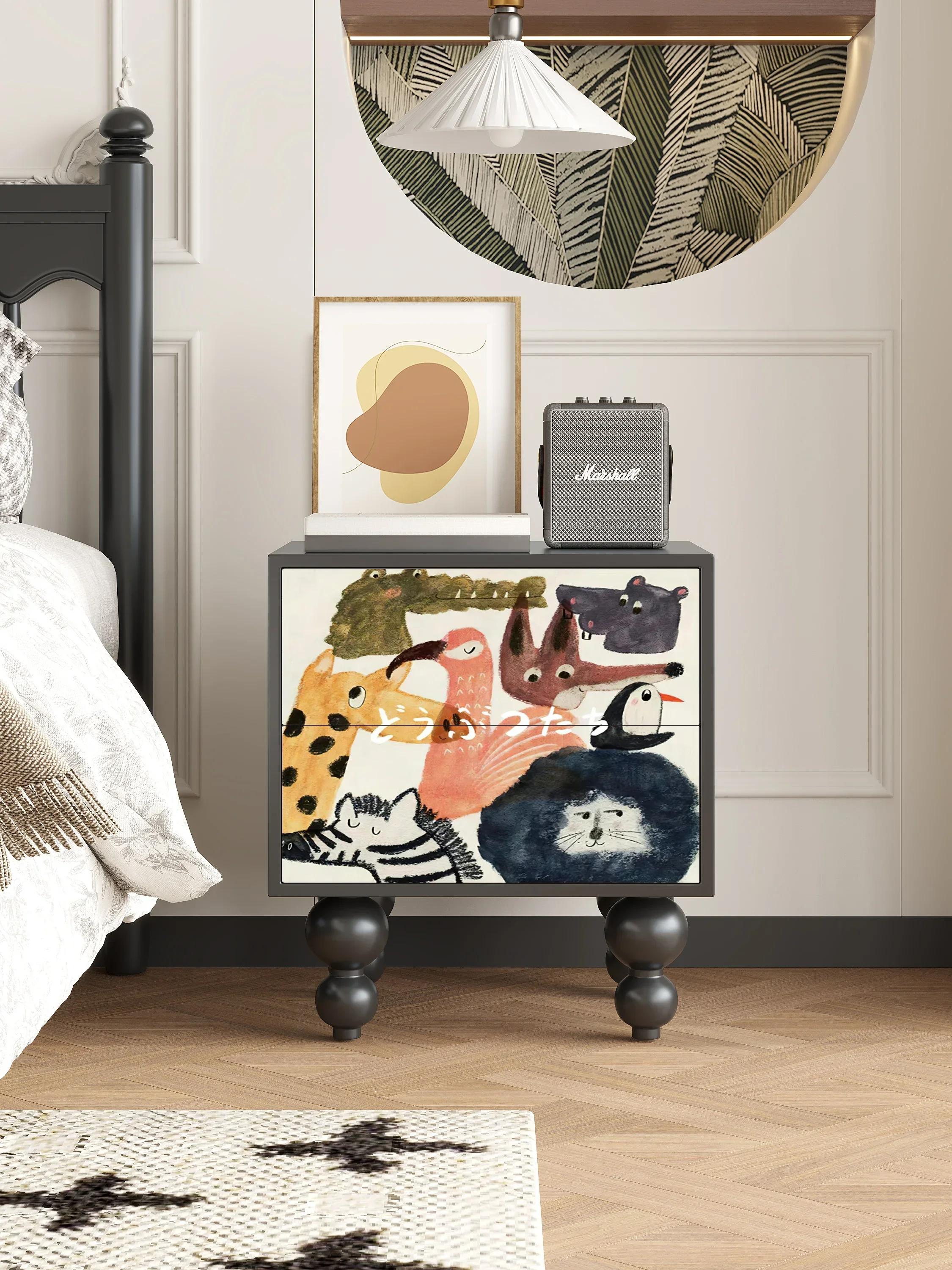 A French minimalist modern solid wood bedside table bedroom cute cartoon locker custom, wall drawer cabinet