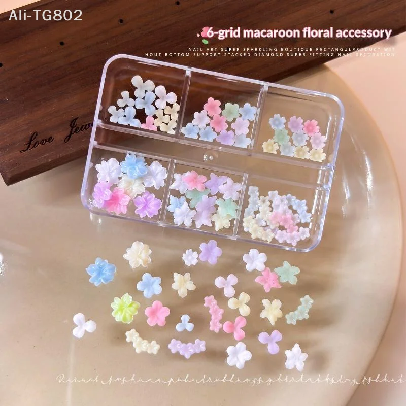 Neosfg Cute 3D Pastel Macaron Flower Nail Art Charms With 6 Grid Storage Box Perfect For DIY Nail Design Home Salon Use