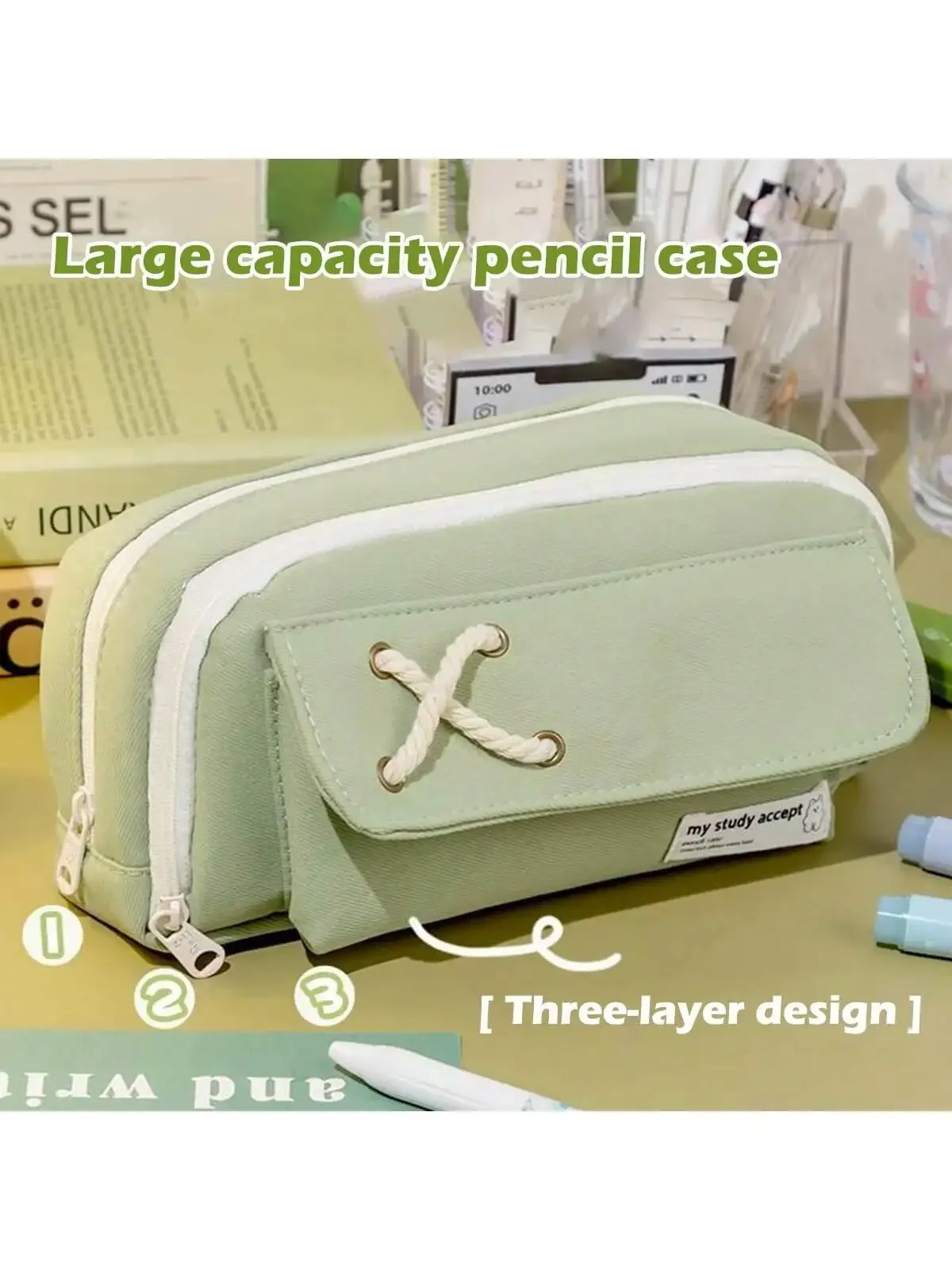High Capacity Canvas Pencil Case, Solid Color Simple Design Layered Pencil Case, Multi-Purpose And Suitable Stationery Pouch