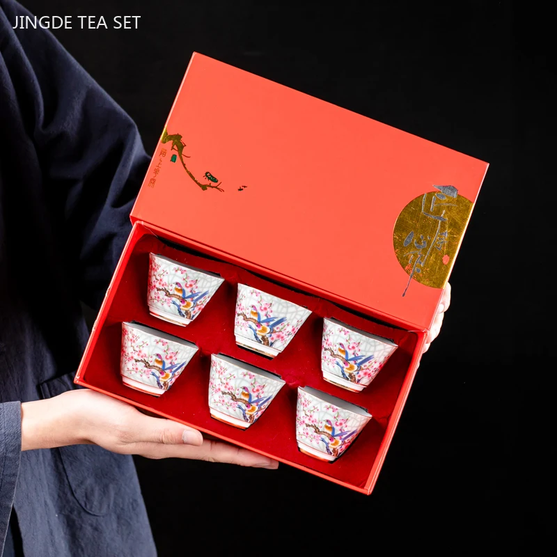 

6pcs Jingdezhen Ceramic Tea Cup Set Exquisite Enamel Color Master Cup Custom Tea Set Gift Box Chinese Ceramic Tea Accessories