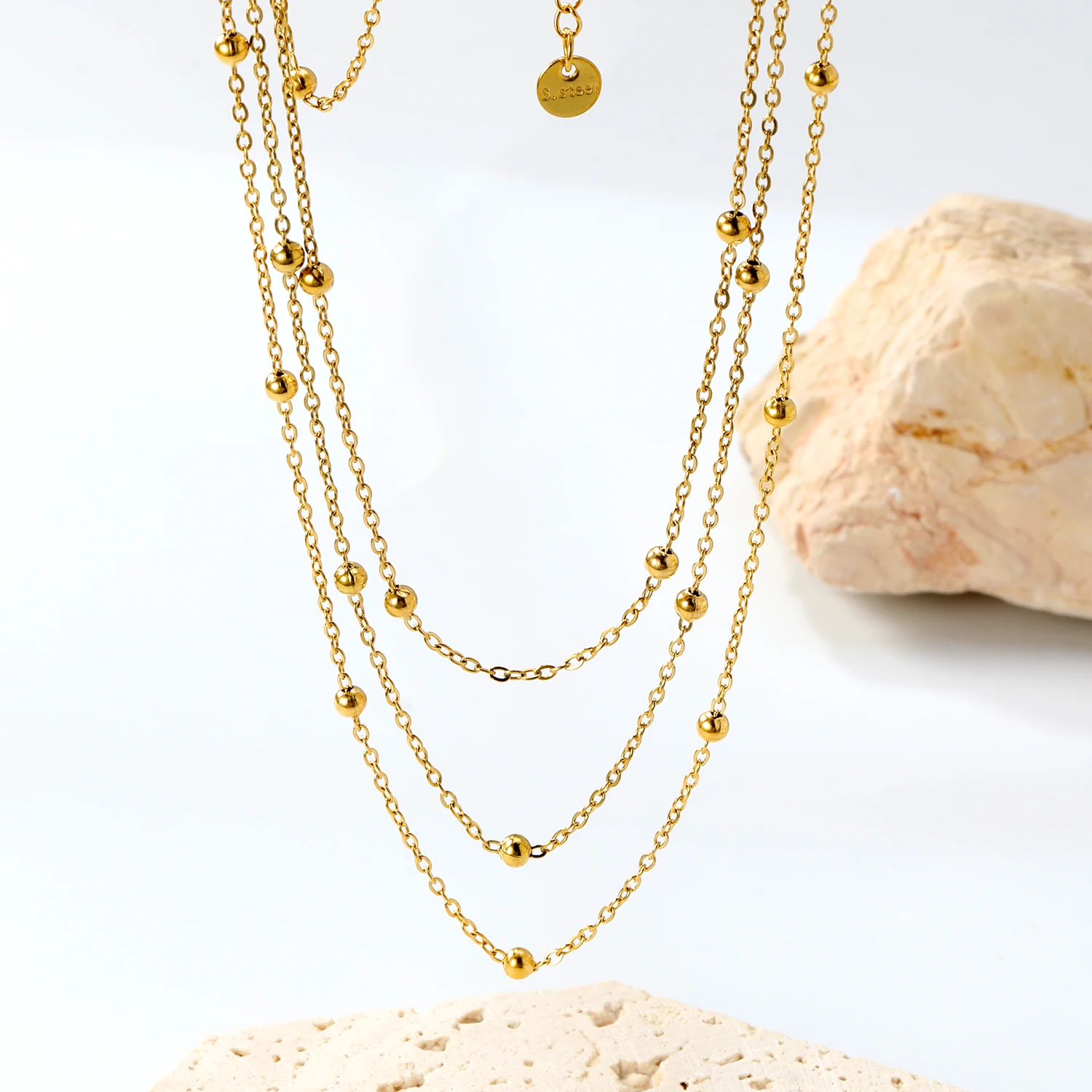 ASONSTEEL Trendy Round Beads Multi-Layers Pendants Necklaces Stainless Steel Charm Minimalist Jewelry Chain Bone Necklace Gifts