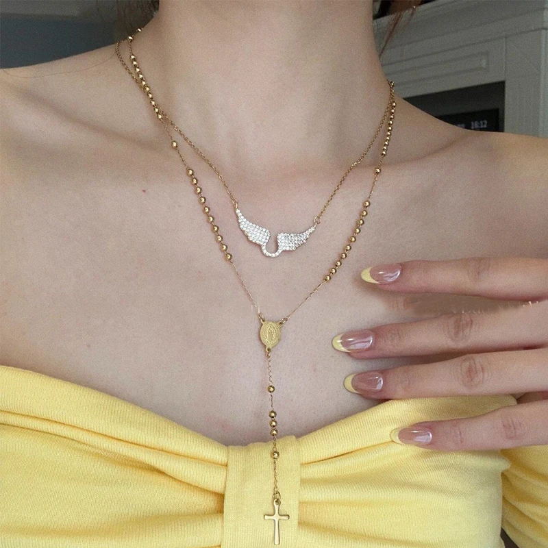 Rhinestone Angel Wings Pendant Necklace Shinny Simple Sweet Silver Gold Charm Angel Wings Girls Women Party Jewelry Accessories