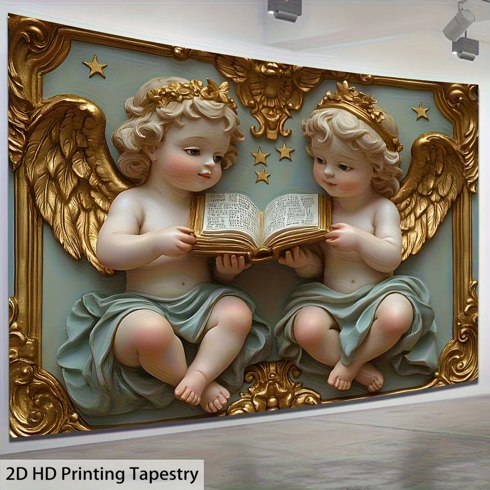 Angel Statue Tapestry, Twin Cherubs with Golden Wings Reading Book, Relief Style Wall Hanging for Living Room Bedroom Decor