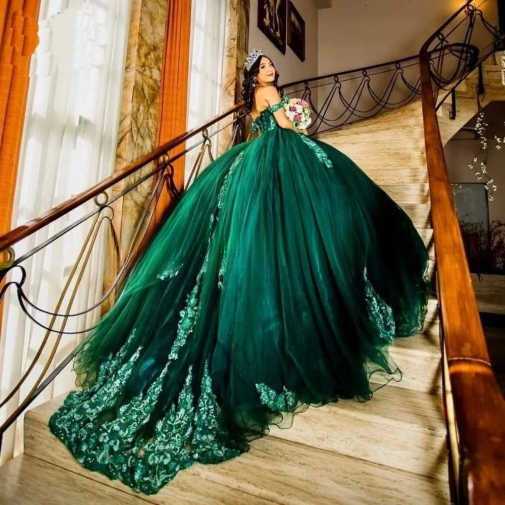 

Green Ball Gown Quinceanera Dresses Appliques Beads Pearls Off the Shoulder Sweet 16 Dress Vestido De 15 Anos Lace-Up