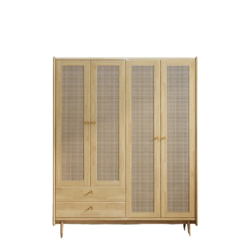 

Solid wood rattan wardrobe, Japanese-style log wind 34 doors to open the door Bedroom wardrobe